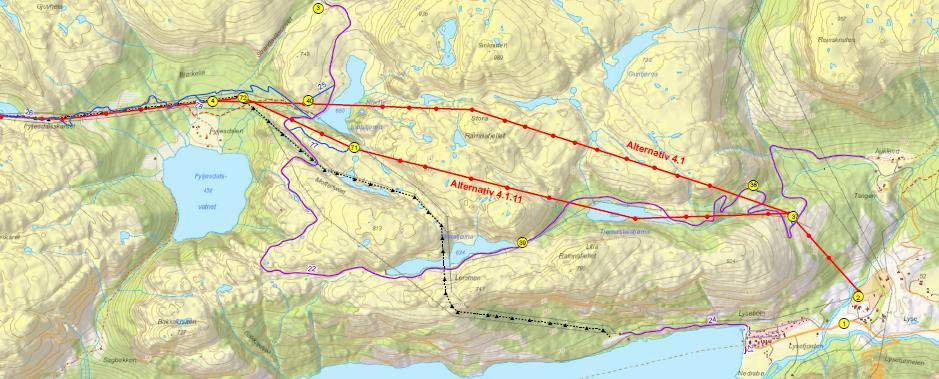 Side 57 Innenfor Lysefjorden berører traseen landskapsområdet Fyljesdalsskardet mellom Lysebotn og Daladalen, hvor det er noen spredte hytter og fritidsbebyggelse i Fyljesdalen.