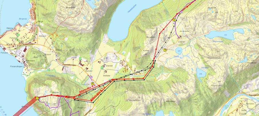 Side 64 Figur 22 Traseer Rettedal Uburen. Rød strek: Omsøkte 420 kv-traseer i rødt. Svart strek: Omlegging av 132 kv trasé.