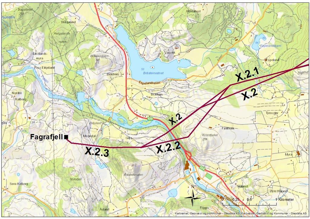 Side 71 4.3.1.3 Traseer Kolfjellet Fagrafjell Vestover fra Kolfjellet fortsetter traseen gjennom landskapsområdet Myrvang Bråstein Gjestaland, beskrevet ovenfor.