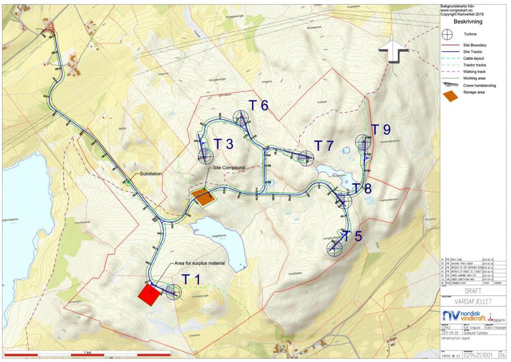 oktober 2017 miljø-, transport- og anleggsplanen for Vardafjellet vindkraftverk, som inneholder detaljert turbinplassering, vist på kartet