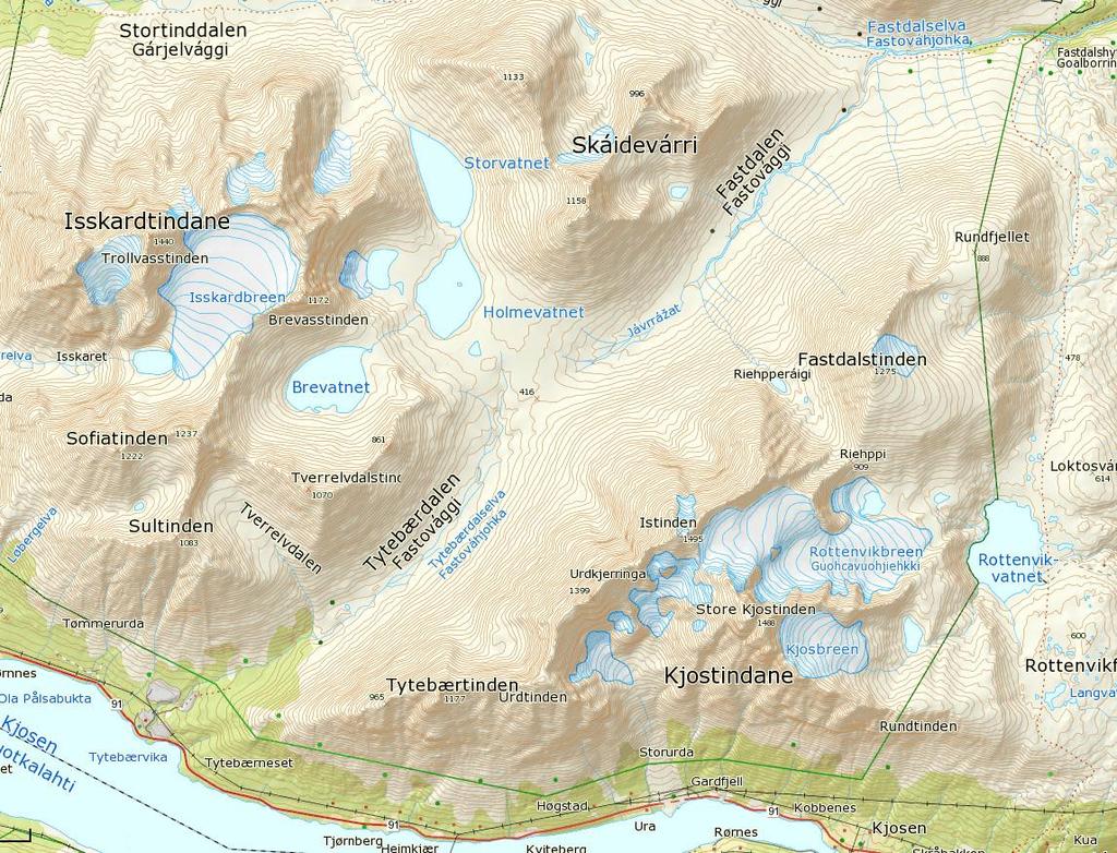4 2.2. Områdebeskrivelse Tyttebærvika ligger som ei sørvestvendt vik mot fjordarmen Kjosen. Tyttebærdalen, med Tyttebærdalselva, leder inn til fjellområdene i nord.