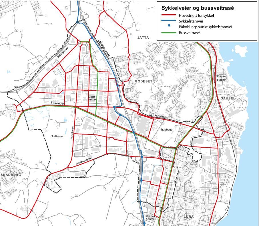premisser. Hovedsykkelruter gjennom Forus skal være forbindelser til Sykkelstamveien som går langs E39 mellom Stavanger og Sandnes. Bysykler fungerer som et supplement til private sykler.
