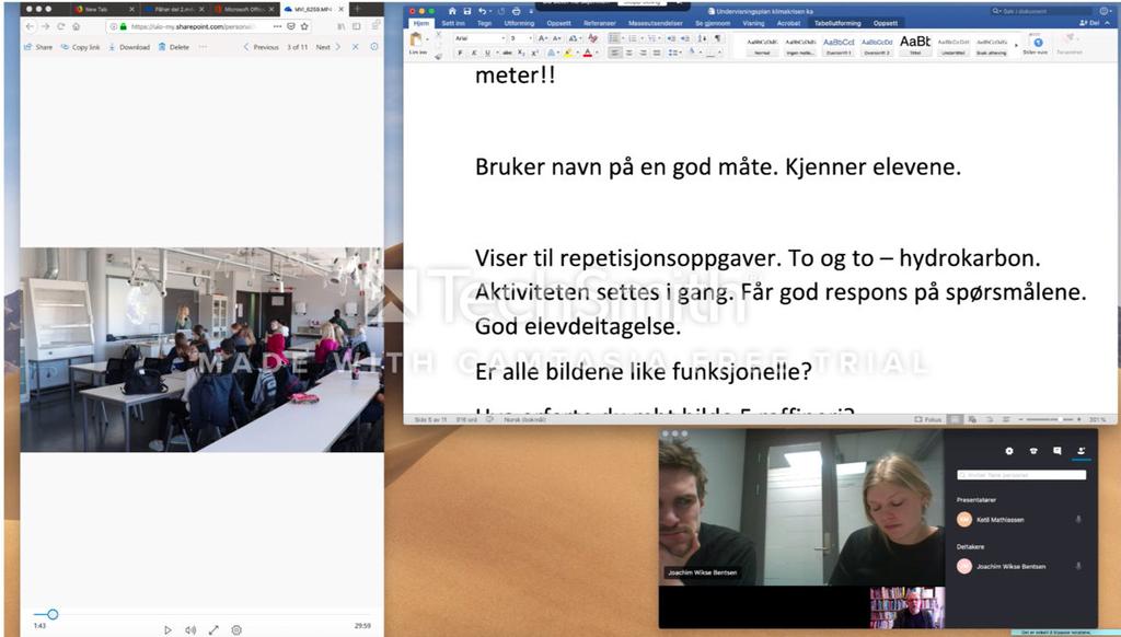 Digitalt praksispåhør med veiledning på Skype med delt skjerm. Det gjøres opptak av veiledningen på Camtasia.