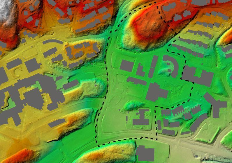 Figur 22: Høydekart over bydelssentret med planavgrensning. Grønne områder er lavest og røde områder er høyest. 2.5 Overordna grønnstruktur Mørkved ligger tett innpå Bodømarka, og mange av de nordligste boligområdene grenser rett mot marka.