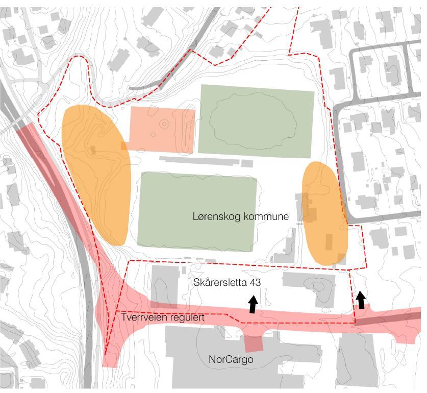 DELOMRÅDER FOR UTBYGGING Vesttomta på kommunal tomt. Kan bygges ut i etapper, bør ha veiadkomst over Skårersletta 43. Full utbygging fordrer flytting av kastområdet. Østtomta på kommunal tomt.