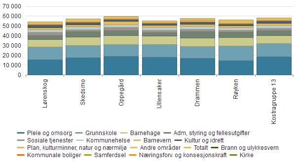 Kostnadsnivået i tjenestene i Lørenskog var omtrent 145 mill. kr lavere enn gjennomsnittet i kommunegruppe 13 i 2018. Samlede utgifter var i 2018 mellom 35-189 mill.