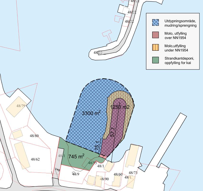 Side: 3/8 Figur 1: Oversikt over området i Kvarøy havn der det skal mudres/sprenges i blått og området der løsmassene skal plasseres i grønt (kai). Moloen er vist i lilla/brunt.