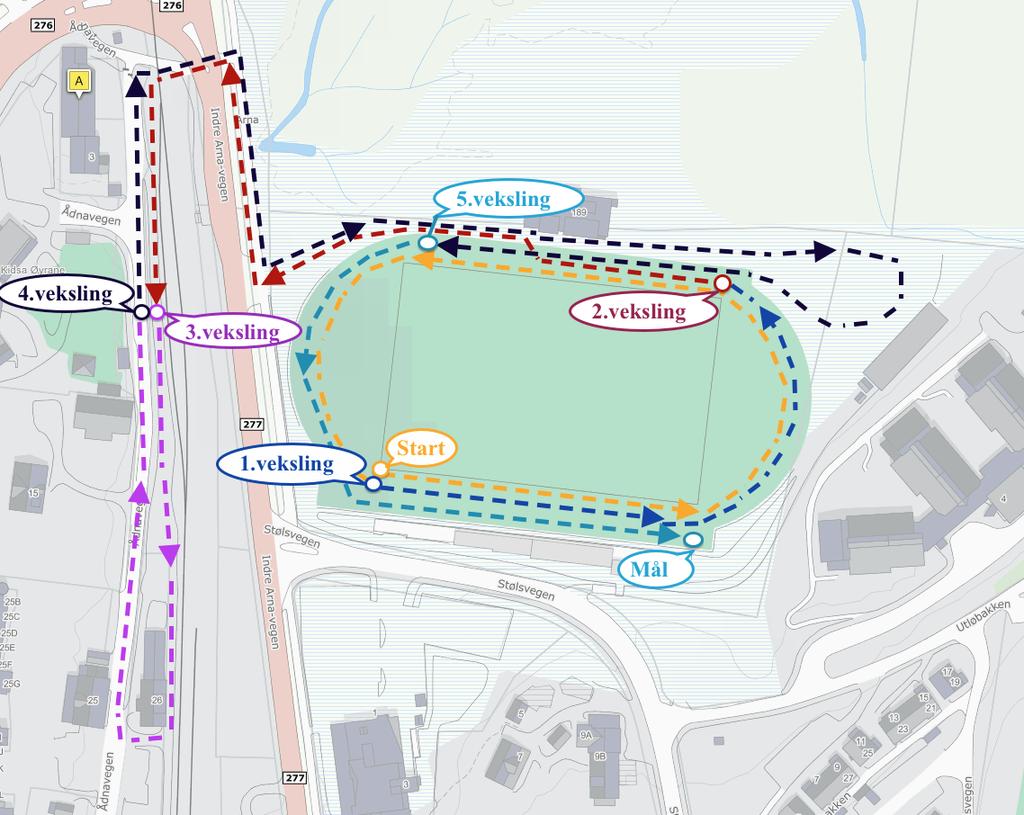 FRISTAFETTEN 2019 Side: 7 av 10 LØYPE GUTAR/JENTER/MIKS 6 ETAPPAR Etappe Distanse Etappebeskrivelse 1 400m Baneløp med start frå 100m streken. Ein runde rundt bana til 1.veksling ved 100m streken.