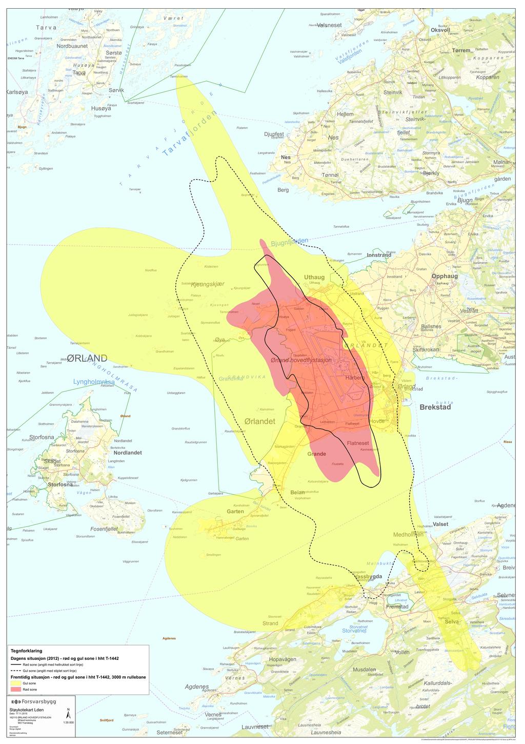 Vågan END356 Tarva Valsfjord Bjugn Ørland Rissa Agdenes Tegnforklaring Dagens situasjon (2012) - rød og gul sone i hht T-1442 Rød sone (angitt med heltrukket sort linje) Gul sone (angitt med stiplet