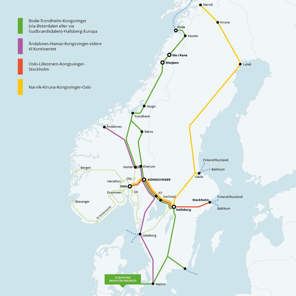 2. Det geografiske markedsområdet 2.1 Trafikkstrømmene over Kongsvingerbanen Over Kongsvingerbanen går de fleste godstogene til og fra utenlandske destinasjoner.