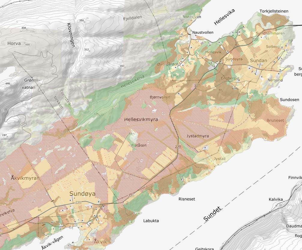 Dyrkbar jord NIBIO har et kartlag som heter dyrkbar jord. Det viser alle områder registrert som dyrkbar jord, og kan registreres på arealtypene jord, innmarksbeite, skog, åpen fastmark og myr.