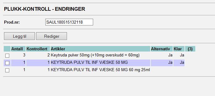 Korrigert plukkliste Eksempel på