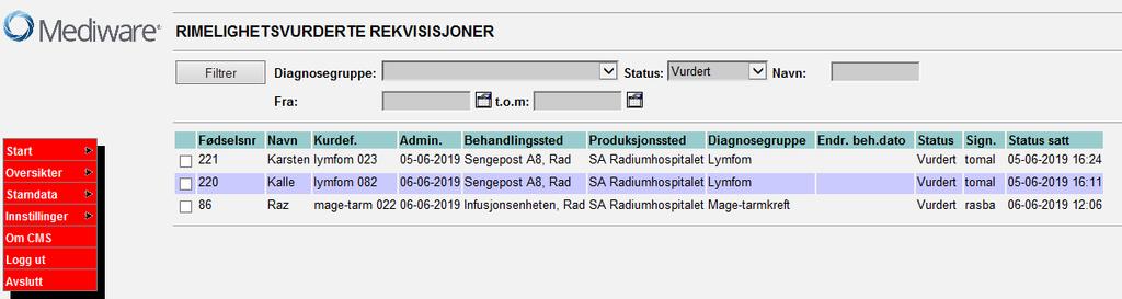 Vise Status, om kuren er rimelighetsvurdert eller ikke. Farmasøyten som rimelighetsvurderte rekvisisjonen kan ses i etterkant ved å søke opp pasienten på nytt.