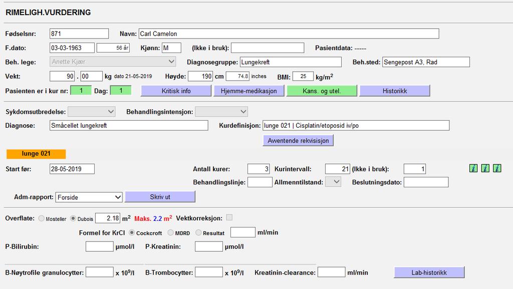 Rimelighetsvurdering av bestilt kur Kontroller at alle forutsetningene for at kur kan produseres er tilstede; Kontroller at det ligger inne høyde, vekt og ev. kreatinin.