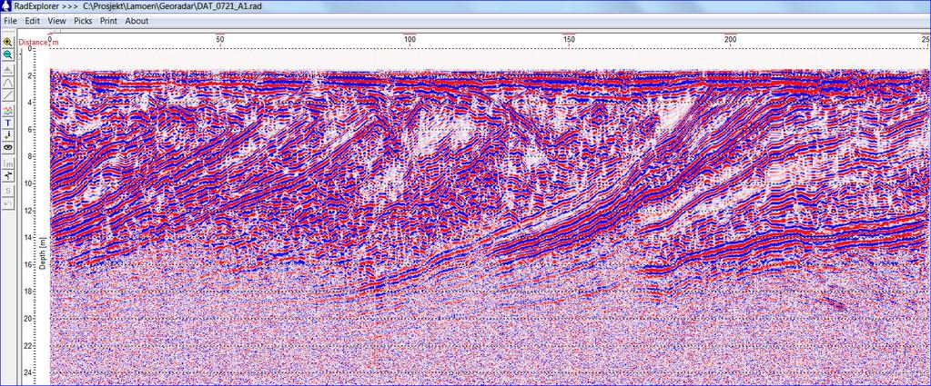 LAMYRA-HYDROGEOLOGISK KONSEKVENSVURDERING AV MASSETAK 15 Deltalag Figur 15. Deler av profil 721. Målingene er utført i bunnen av massetaket, grunnvannet ligger ca 0,3-0,5 m under terreng.
