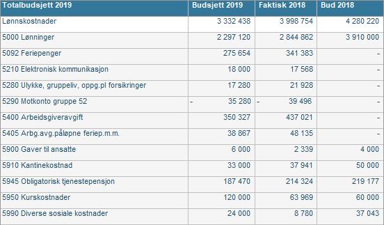 Driftskostnader 2019 Lønnskostnader Lønnskostnader for 2019 er estimert til kr. 3 332 438,- inkl. en antatt lønnsutvikling på 3,5 % fra juli. Det er en reduksjon ift.