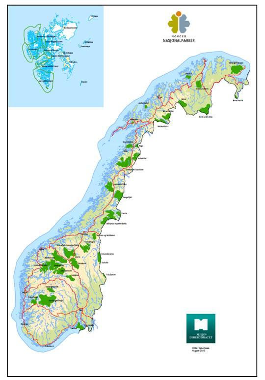 Figur 1: Oversikt over nasjonalparker i Norge. (Kilde Miljødirektoratet.) Forvaltningsmyndighetene har sett det som sin primære oppgave å beskytte naturverdiene.