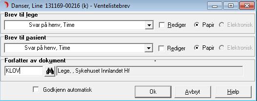 3. Skriv deretter ut brev. Velg Brev. Bilde for valg av ventelistebrev kommer opp Brevmaler kommer automatisk opp som valg i forhold til resultatet av registreringen i den planlagte kontakten.