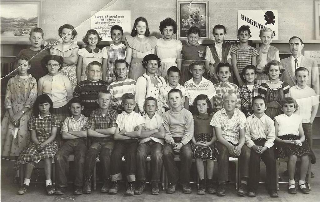 4th Grade - Young, Park Elementary 1956-57, Spanish Fork, Utah Front l to r: Nancy Jenkins, Phillip Proctor, Merrill Diamond, Ernest Walker, Larry Evans, Ronald Parker, Joyce Young Burnell Johnson,