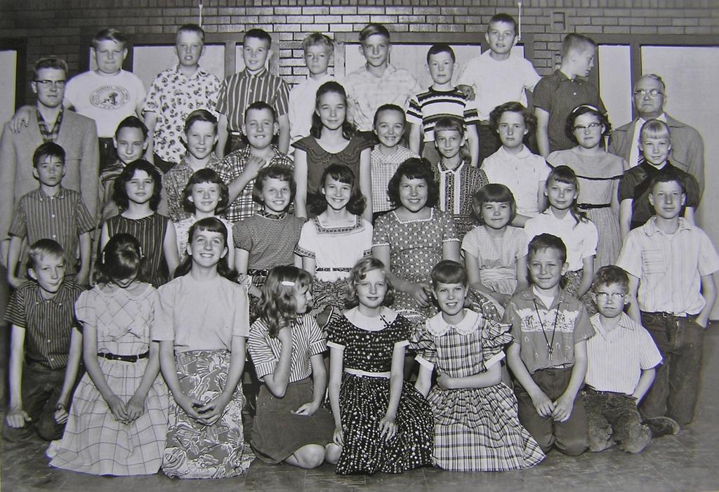 5th Grade - Johnson, Park Elementary 1957-58, Spanish Fork, Utah Front l to r, Del Stewart, Carolyn Johnson, Lorna Mecham, Cathy Stephens, Marsha Judd, Karolyn Johnson, Billy Fitch, Allen Geslison 2