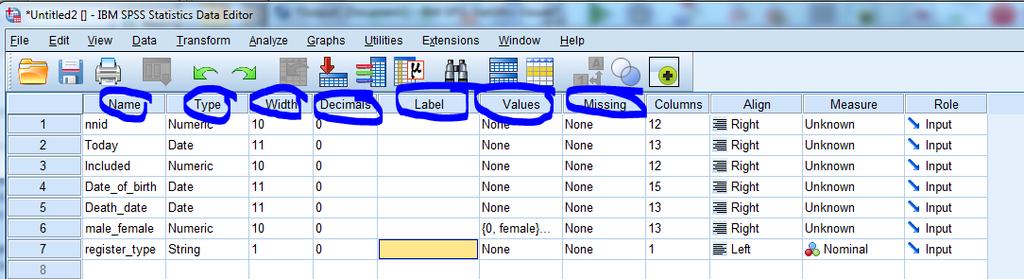 Du importerer alle variablene fra SPSS-filen til ett og samme skjema med denne fremgangsmåten Kikk i kodelisten din (variable view) i SPSS, og sikre deg at alle feltene er korrekte.