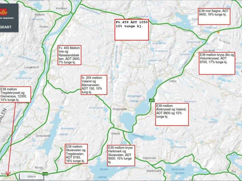 Figur 3: Oversikt over eksisterende veger med trafikkmengde (www.vegvesen.no/vegkart) Fv. 204, Skoieveien, går øst-vest mellom fv. 455 ved Lindland og til E39 ved Valand.