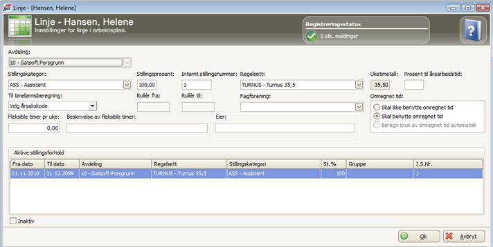 Arbeidsplan Linjeinnstillinger Angi evt. omregnet tid Mulighet for å sette linjen inaktiv Angi evt.