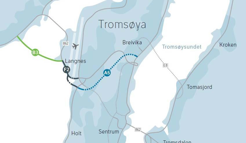 ID 24 ID 24-2 Prosjektmål Rv 862 Tverrforbindelse i tunnel (Egen beskrivelse av ID 24-1 Ny hovedveg til flyplassen) Bygge en ny tunnel gjennom øya fra Breivika til Langnes sør for postterminalen.