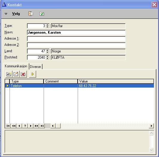 Feltforklaring: Type: I dette feltet registreres hva slags type kontakt dette er. Svar alternativene fåes opp ved å klikke med høyre musetast/f4 i feltet.