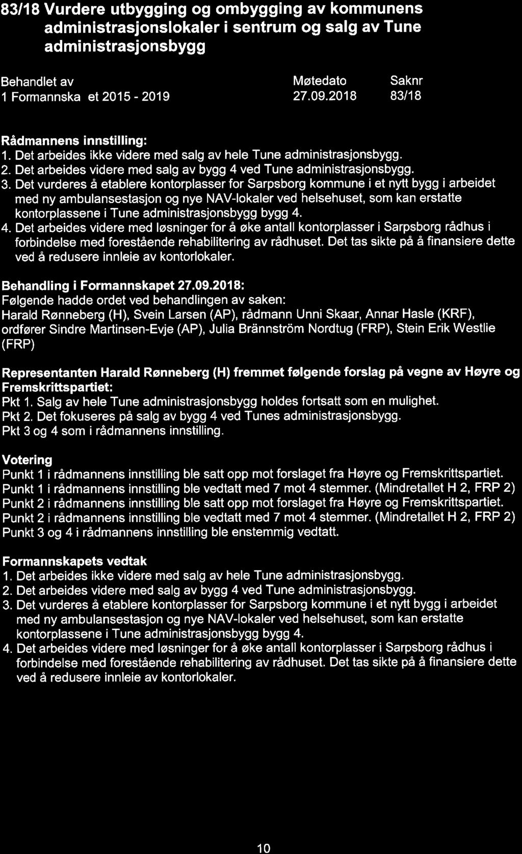 83/18 Vurdere utbygging og ombygging av kommunens administrasjonslokaler i sentrum og salg av Tune administrasjonsbygg Behandlet av 1 Formannska et 2015-2019 Møtedato 27. 09.