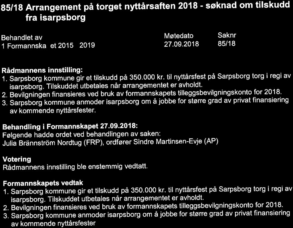 85/18 Arrangement på torget nyttårsaften 2018 - søknad om tilskudd fra isarpsborg Behandlet av 1 Formannska et 2015-2019 Møtedato 27. 09. 2018 Saknr 85/18 Rådmannens innstilling:, _.... 1. Sarpsborg kommune gir et tilskudd på 350.