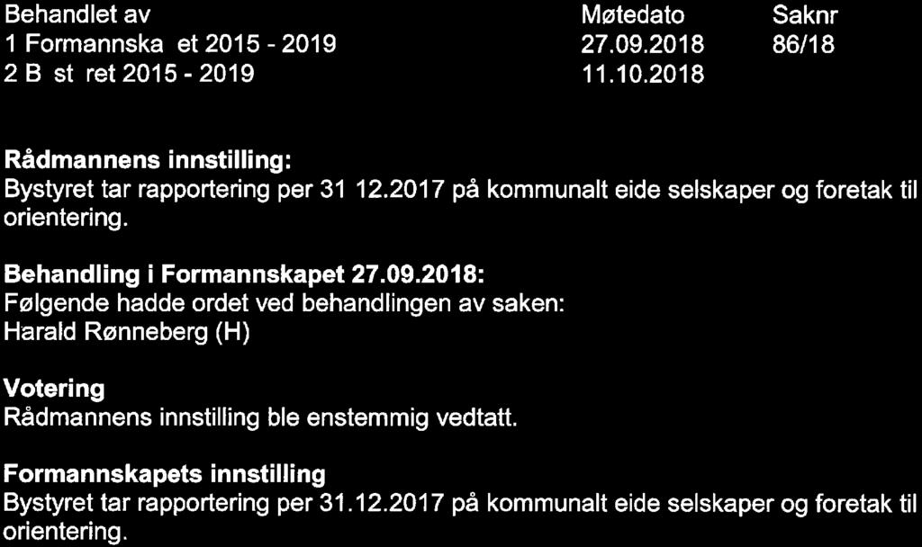 86/18 Rapportering per 31. 12. 2017 på kommunalt eide selskaper og foretak Behandlet av 1 Formannska et 2015-2019 2 B st ret 2015-2019 Møtedato 27. 09. 2018 11. 10.