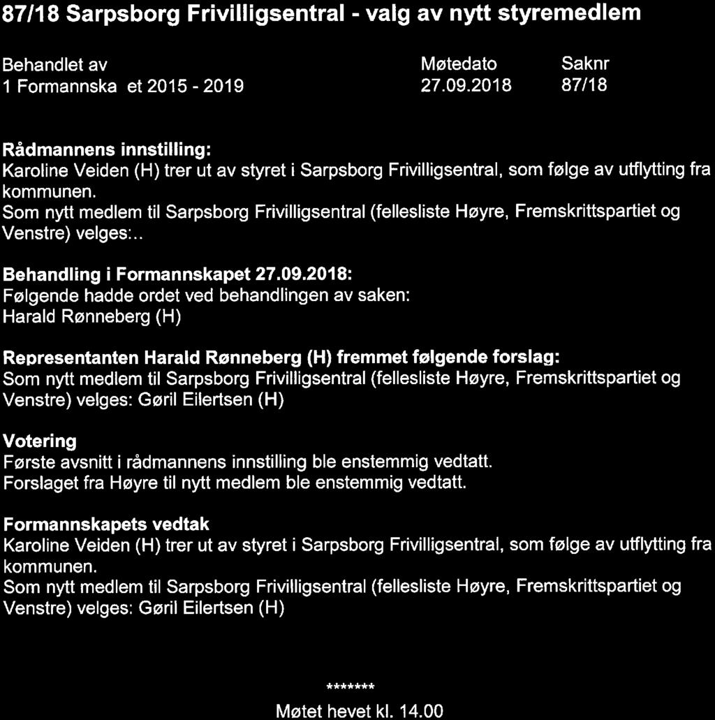 87/18 Sarpsborg Frivilligsentral - valg av nytt styremedlem Behandlet av 1 Formannska et 2015-2019 Møtedato 27. 09.