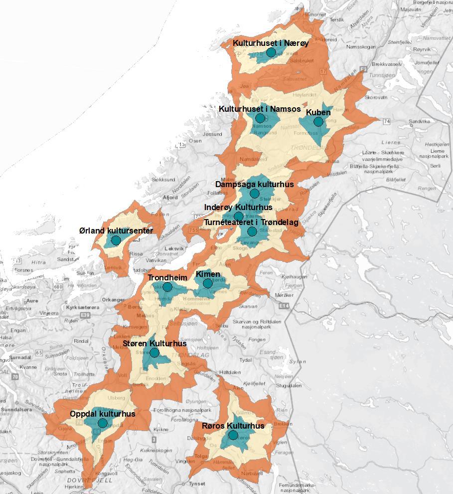 Enkle analyser på lokalisering av tilbud i forhold folketall kan gi noe kunnskap om dekningen av ulike tilbud Reisetid til nærmeste regionale kulturhus Stor tetthet av tilbud i aksen Hva som er