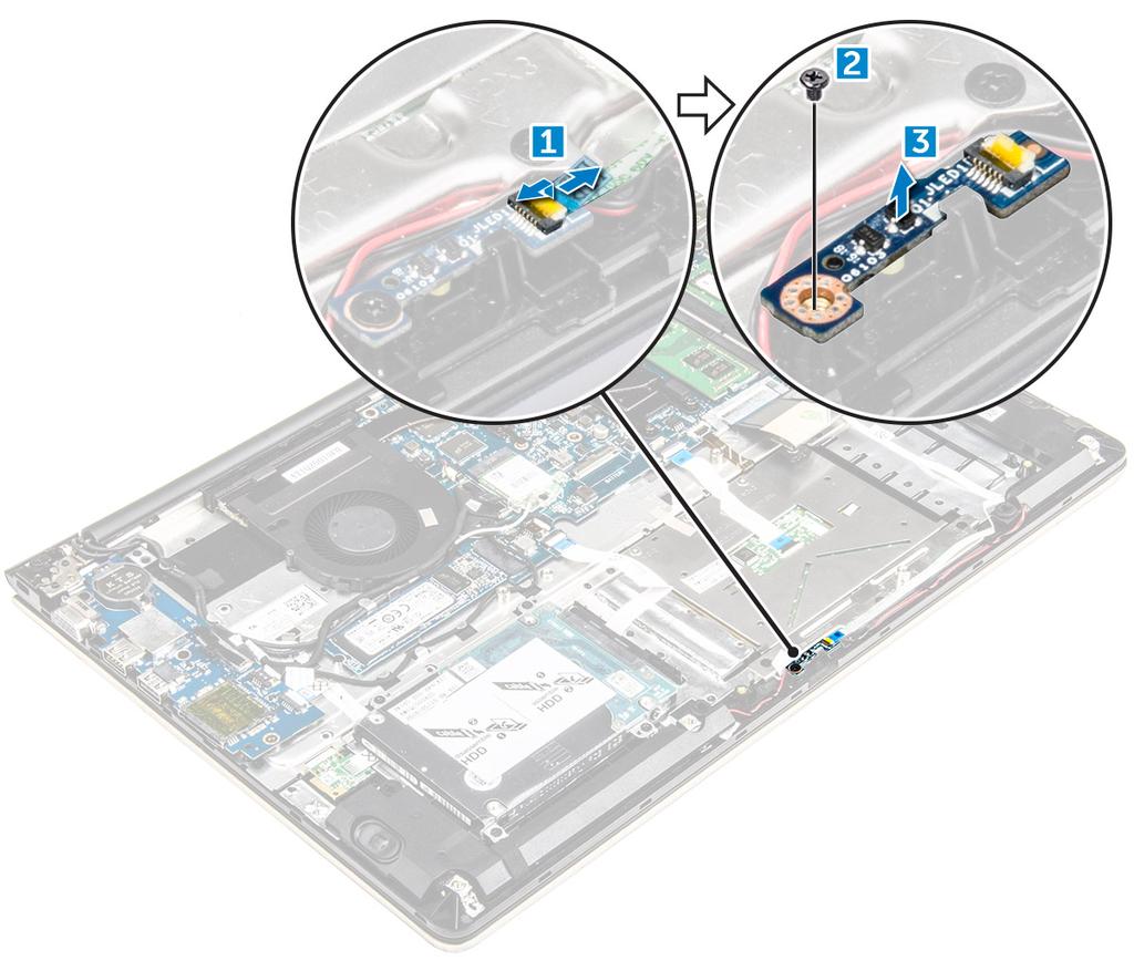 Sette inn LED-kortet 1 Sett LED-modulen inn i sporet på datamaskinkabinettet. 2 Stram til skruen som fester LED-modulen til datamaskinkabinettet. 3 Koble LED-modulkablene til datamaskinkabinettet.