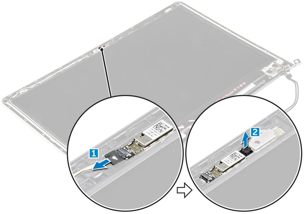 g skjermramme 3 Slik fjerner du kameraet: a Koble fra kamerakontaktkabelen [1]. b Løft og ta kameraet ut av datamaskinen [2]. Sette på kameraet 1 Juster kameraet etter sporet på skjermpanelet.