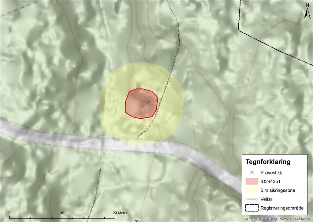 L a n g m y r a, J e s s h e i m Kart 5: Oversiktskart over kullgrop ID244351 med LiDAR multiskyggerelieff. "Soppstien" er tegnet inn som "veifar.