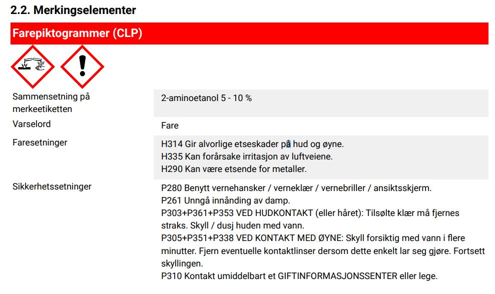 Innhold i sikkerhetsdatablad: Avsnitt 2: Fareidentifikasjon Avsnitt 4: Førstehjelpstiltak