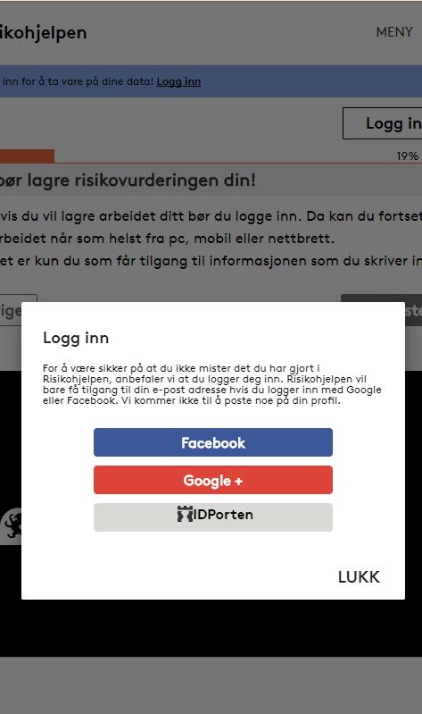 Logg inn og lagre data Risikohjelpen kan brukes anonymt