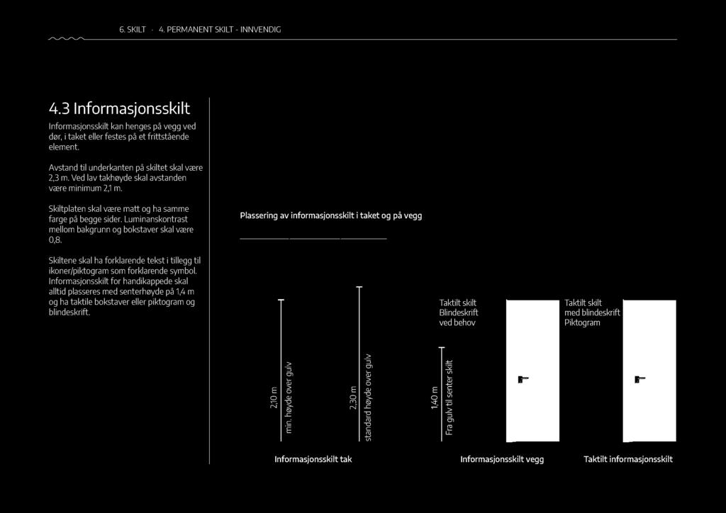 100 6. SKILT 4. PERMANENT SKILT - INNVENDIG 4. 3 I nform asjon sskil t Informasjonsskilt kan henges på vegg ved dør, i taket eller festes på et frittstående element.