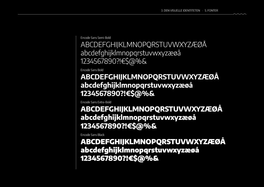 3. DEN VISUELLE IDENTITETEN 5. FONTER 45 Encode Sans Semi-Bold ABCDEFGHIJKLMNOPQRSTUVWXYZÆØÅ abcdefghijklmnopqrstuvwxyzæøå 1234567890?