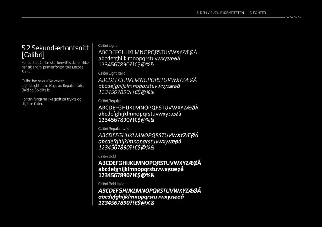 3. DEN VISUELLE IDENTITETEN 5. FONTER 47 5.2 Sekundærfontsnitt [Calibri] Fontsnittet Calibri skal benyttes der en ikke har tilgang til primærfontsnittet Encode Sans.