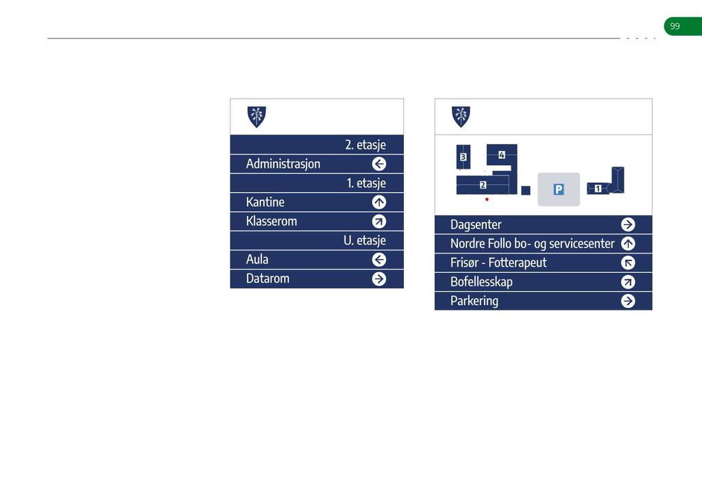 6. SKILT 4. PERMANENT SKILT - INNVENDIG 99 4.2 Henvisningsskilt Større bygg med ere funksjoner bør ha henvisningskilt med illustrasjon, som viser byggets utforming.