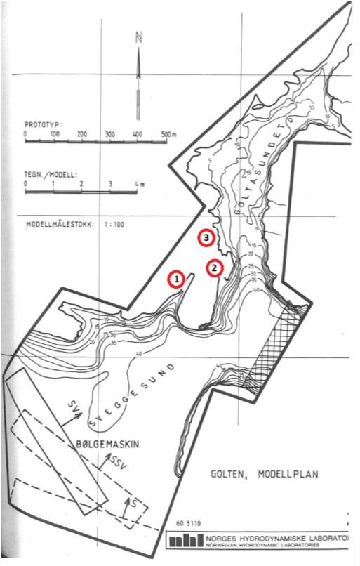 Figur 14. Til venstre: Modellert område av Golta havn under laboratorieforsøkene i 1983. De tre aktuelle områdene for bølgeskjerming i dag er avmerket (posisjon 1-3).