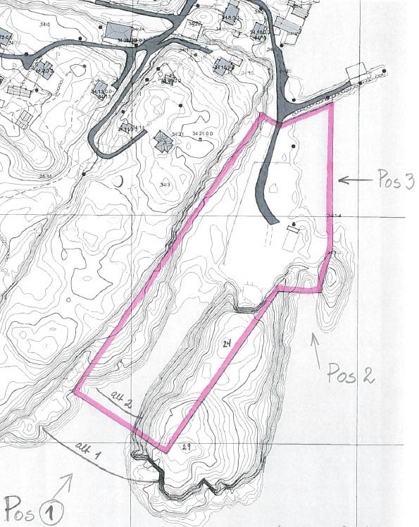 Figur 15. Tabell 4. Aktuell avgrensing av planert næringsområde på Golta. De tre aktuelle posisjonen for bølgeskjerming er avmerket.