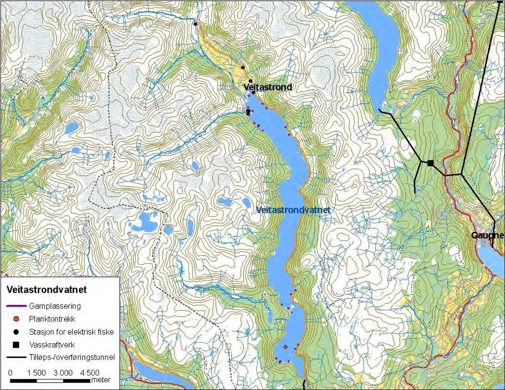 .3. Veitastrondvatnet Veitastrondvatnet (innsjønummer ) ligg i Årøyvassdraget i Luster kommune (figur ). Magasinet er 7,7 km² stort, høgaste regulerte vasstand er 7 moh. og reguleringshøgda er, meter.