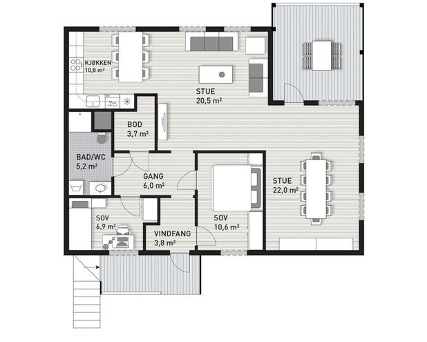 3-roms leilighet Areal: 93 m² BRA Dette er en 3-roms leilighet i 1. etasje på bakkeplan. Forskjellen fra Trysilhus Original er at den har en utvidet stue.