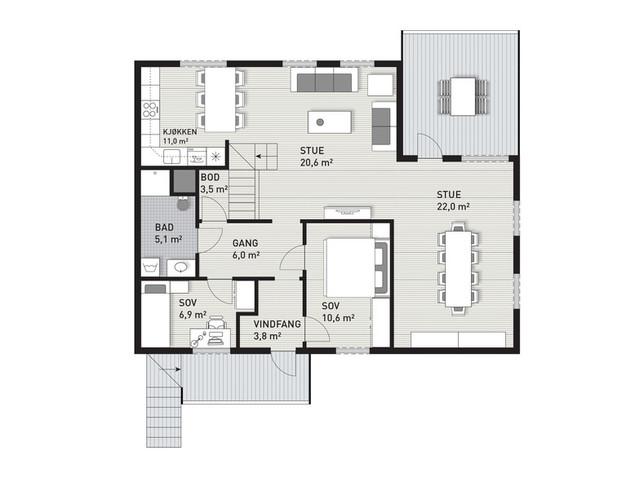 5-roms leilighet Areal: 128 m² BRA Dette er en leilighet i 2. og 3. etasje, hvor 2. etasje leveres med samme planløsning og balkonger som på Trysilhus Ekstra. Fra stuen er det trapp opp til loft.