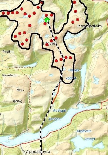 Side 19 Figur 6: Traseen mellom Dalsbotnfjellet vindkraftverk og Austgulfjorden/Oppdalsøyra På den første strekningen ut fra transformatorstasjonen i planområdet til Dalsbotnfjellet vindkraftverk vil