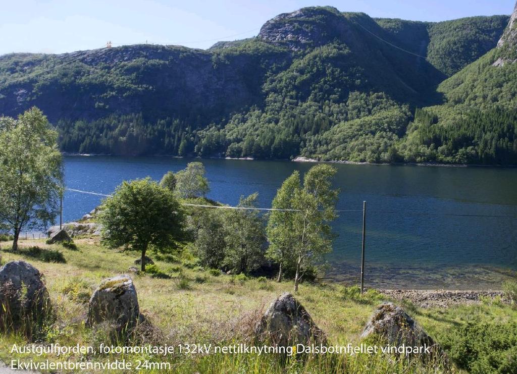 Side 22 Figur 8: Visualisering - Kryssing av Austgulfjorden og spennet over juvet mellom Fossdalen og Storefjellet. Kilde: Zephyr Det er spredt bebyggelse på begge sider av fjorden.